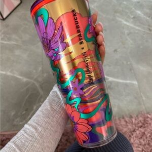 Starbucks Gold Tumbler with Pink and Purple Floral Design